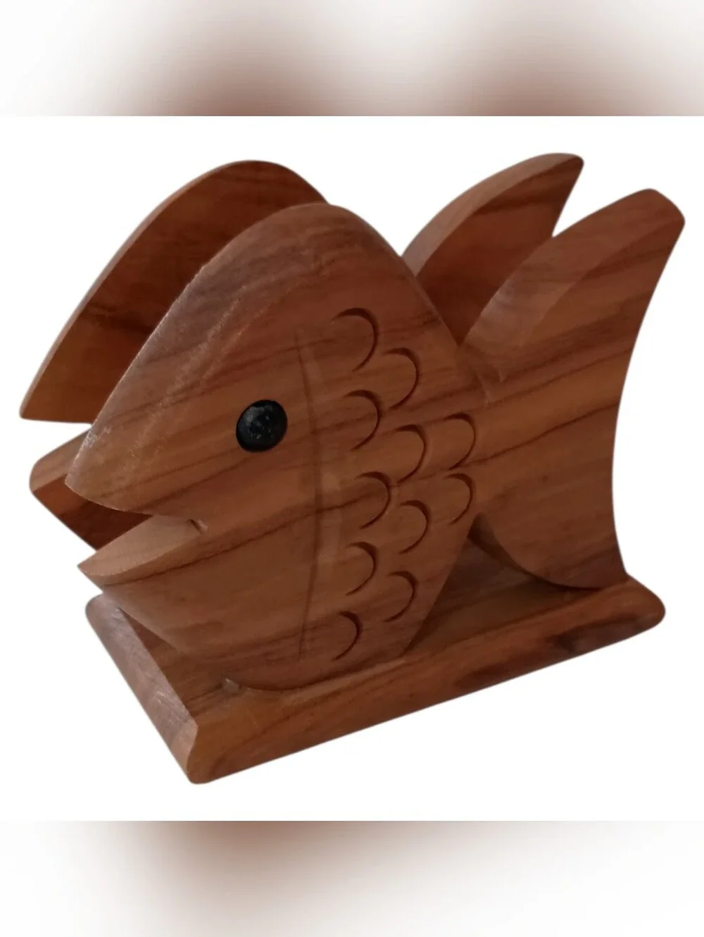 Olive Wood Fish Napkin Holder Carved Coastal Beach Kitchen Mail Desk Organizer